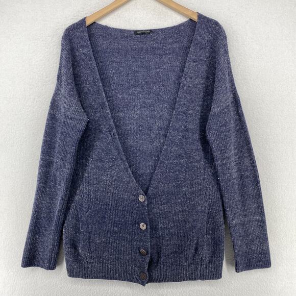 EILEEN FISHER Cardigan Sweater S Wool Stretch Deep V-Neck Button Front Blue - Picture 2 of 12